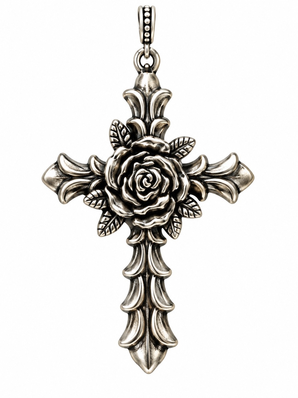 Silver Rose Cross Pendant Goth Choker Necklace - Hand Crafted - New - Picture 4 of 5